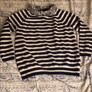 Blue and White Striped 3/4 Sleeve Sweater